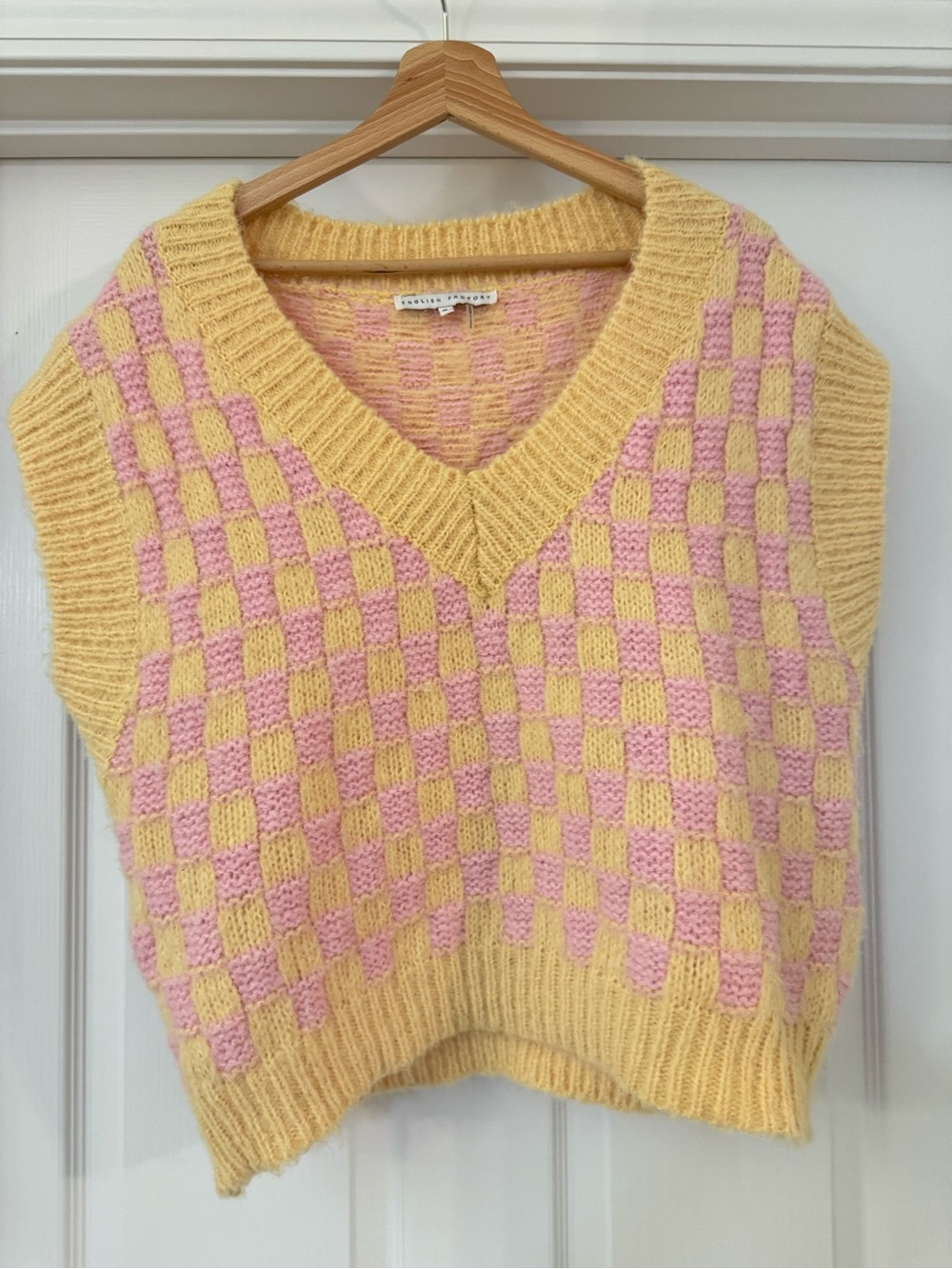 English Factory Anthropologie Sweater Vest M Pink Yellow Checkerboard Knit Fuzzy